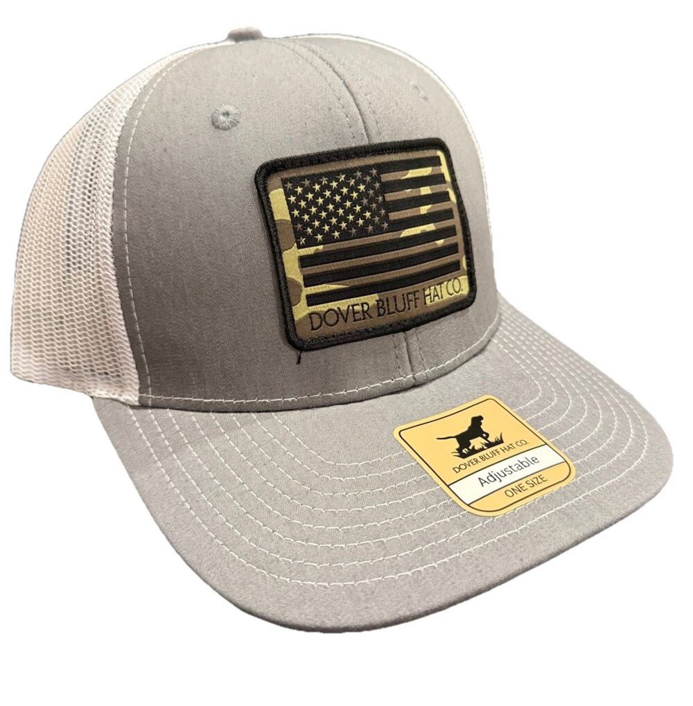 Dover Bluff Hat Co American Flag Trucker Hat Gray White Mesh Snapback NWT